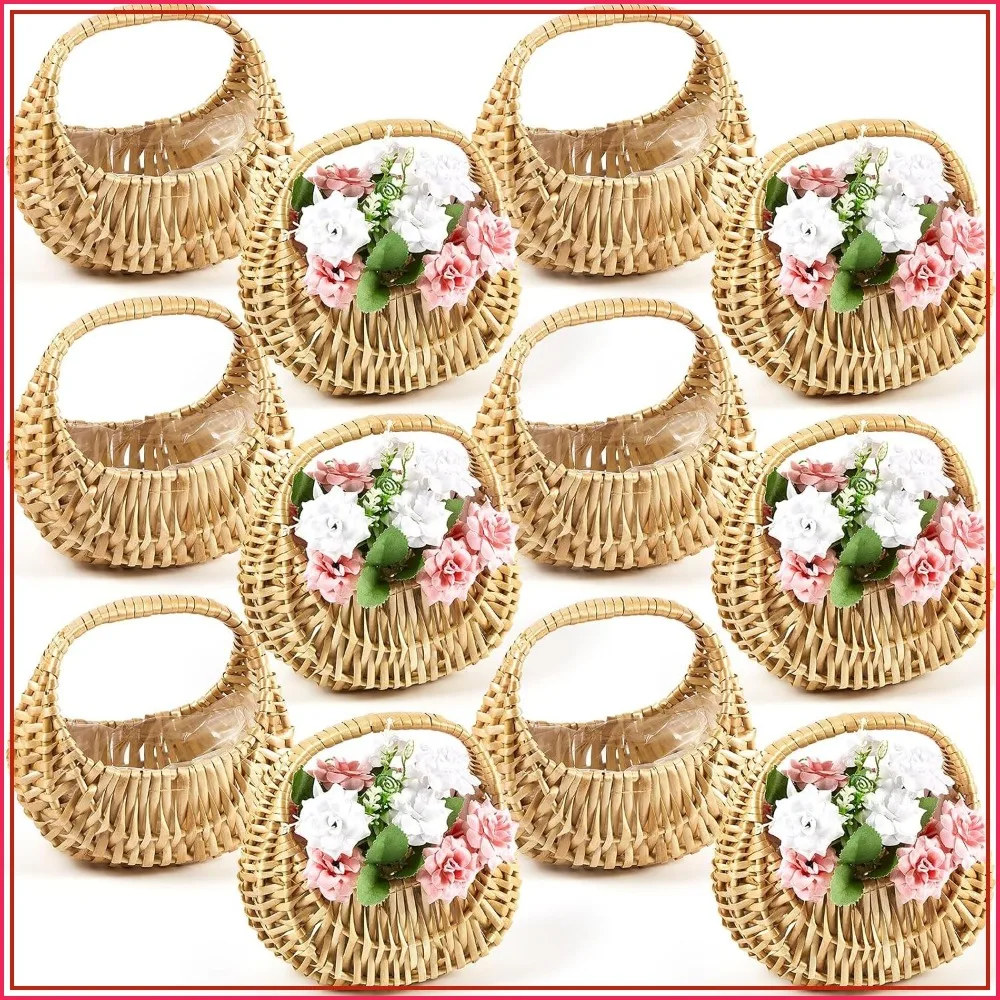 Rattan Flower Girl Basket Half Moon Straw Wicker Basket with Handle 6.7