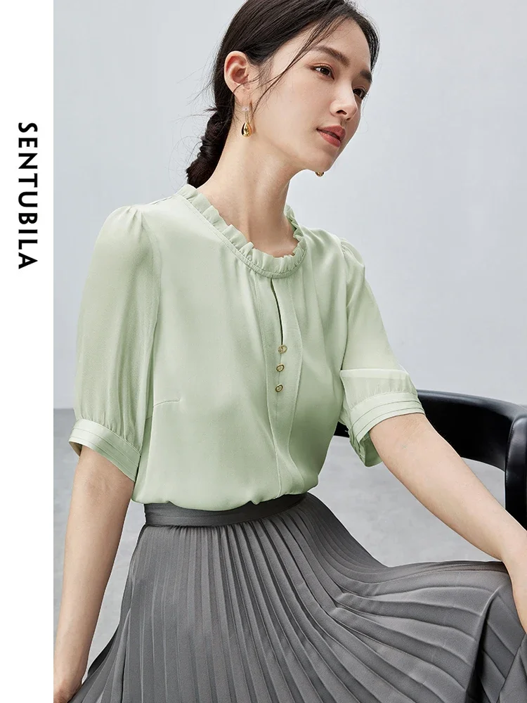 SENTUBILA Round Neck Chiffon Shirt 2024 Korean Commuter Comfort Spliced Summer Short Sleeve Blouses Solid Pullovers 142V55552