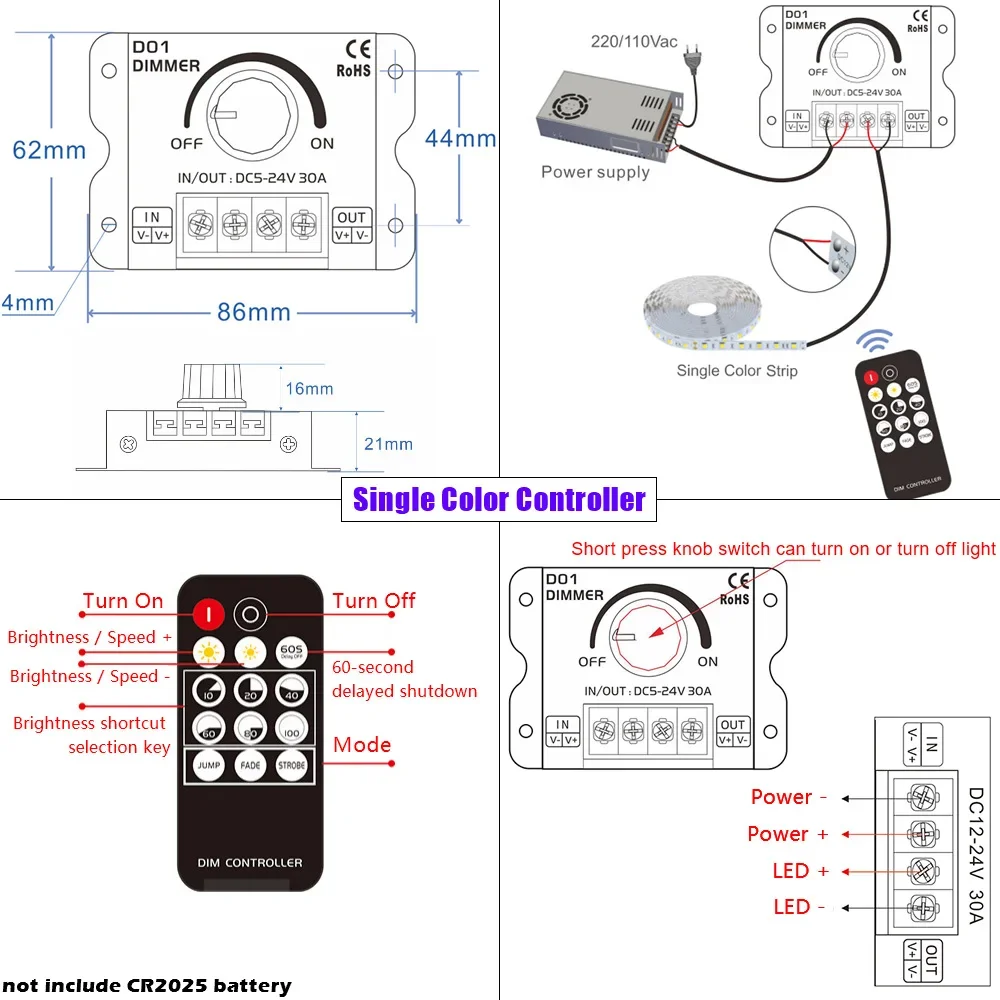 DC5-24V 30A LED Strip Light Knob Switch Dimmer with Wireless RF Controller for Single Color / CCT Tape Lights Stepless Dimming