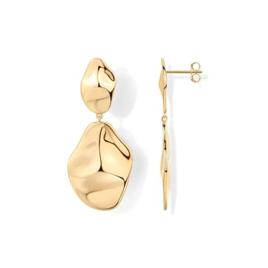 

14K Gold Plated 925 Sterling Silver Posts Teardrop Statement Dangle Earrings Lightweight Hammered Drop Dangle Earrings for Wome