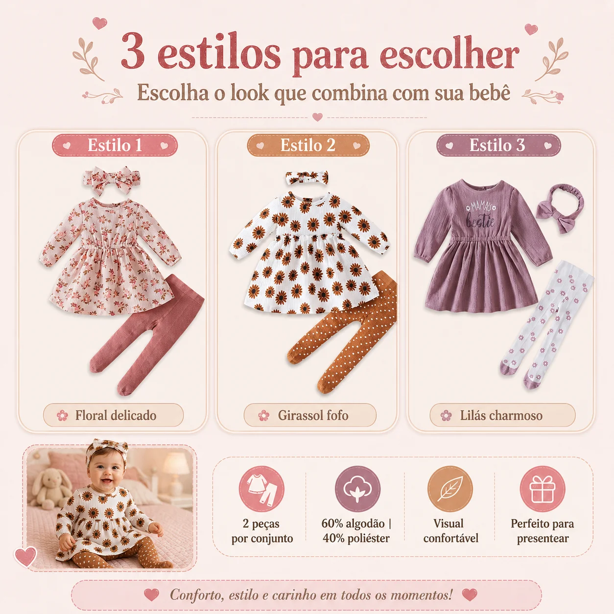 Conjunto Bebê Menina com Vestido de Manga Longa e Meia-Calça