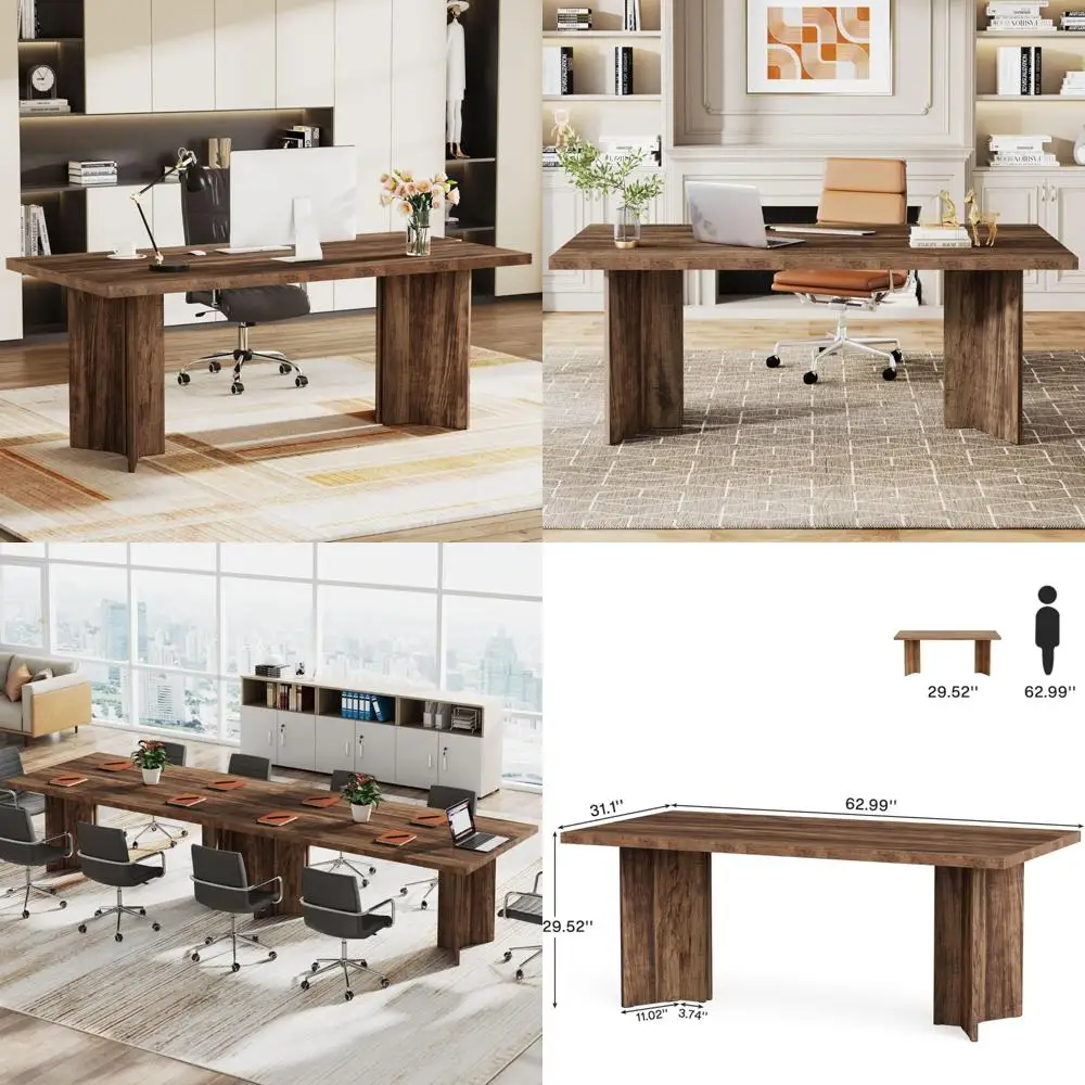مكتب تنفيذي عتيق مقاس 63 بوصة مع سطح واسع وكتابة خشبية على طراز المزرعة وطاولة مؤتمرات #1