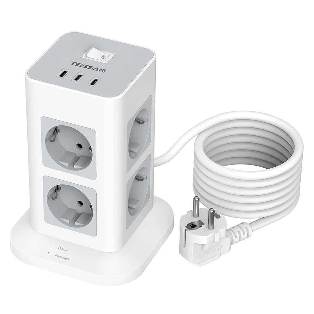 TESSAN 3600W EU Stekkerdoos Torenstopcontact met 8 AC-aansluitingen, 3 USB-poorten, 1700J overspanningsbeveiliging, Type C verticale stopcontact met 2m kabel