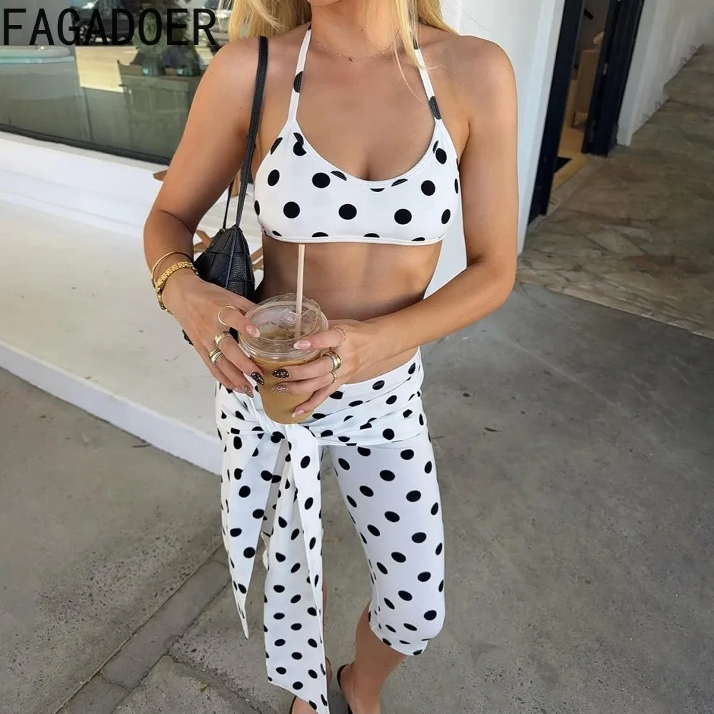 

FAGADOER Sexy Woman 2 Piece Set Outfit Spaghetti Strap Polka Dot Print Patchwork Crop Top and Pants Female Streetwear Clothing
