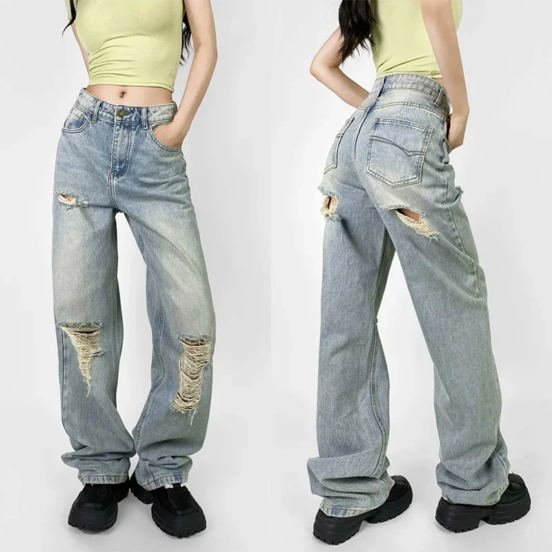 Women Fashion 4 Colors Jeans Loose Straight Jeans High Waist Full Length Classic Grunge Ripped Bagginess Denim Pants High Street