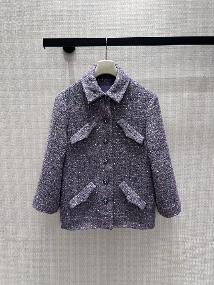 Spring Autumn Fashion Vintage Straight Barrel Sequins Weave Jacket Women's Turn-down Collar Long Sleeve Multi Fake Pocket Jacket