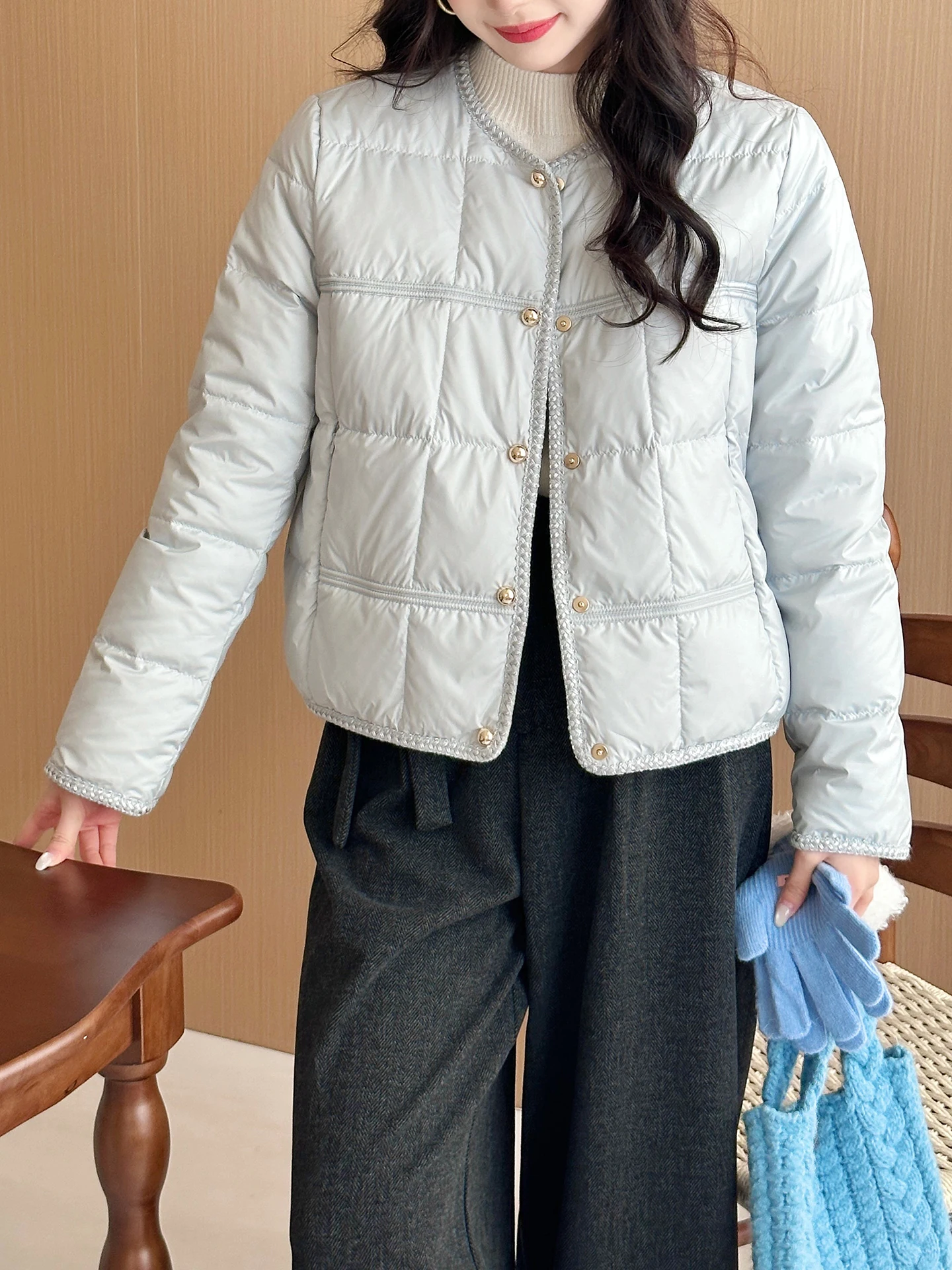 

SweetAnnie 2025 Winter Light White Du down Jaet Women's Quilted Outerwear Commute Sle No Hat round Ne Single Button