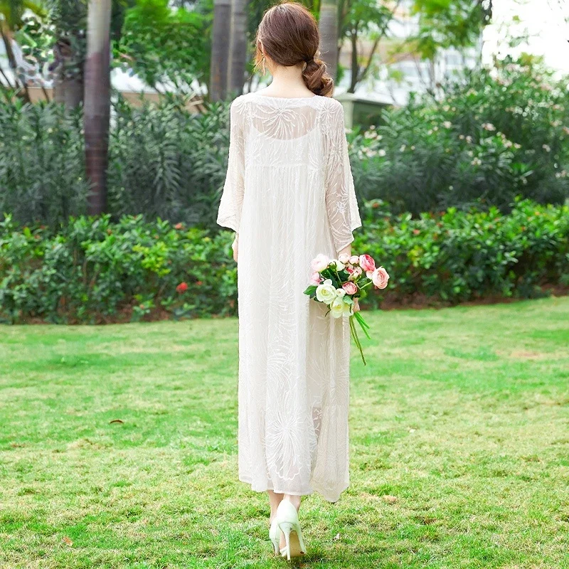 Summer White Dress Women Clothing 2024 Summer New 100% Mulberry Silk Embroidery Long Dresses For Women Evening Dresses Zm3182