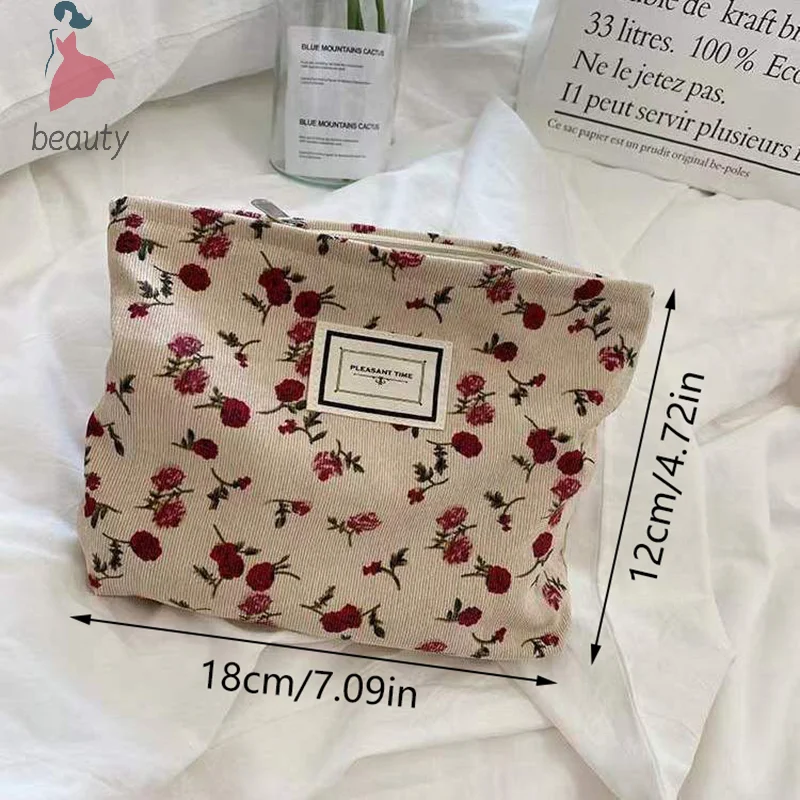 Bolsa de cosméticos de flor de pana para mujer, bolso de mano grande, organizador de maquillaje, bolsa de cosméticos coreana, estuche de belleza de tocador lindo