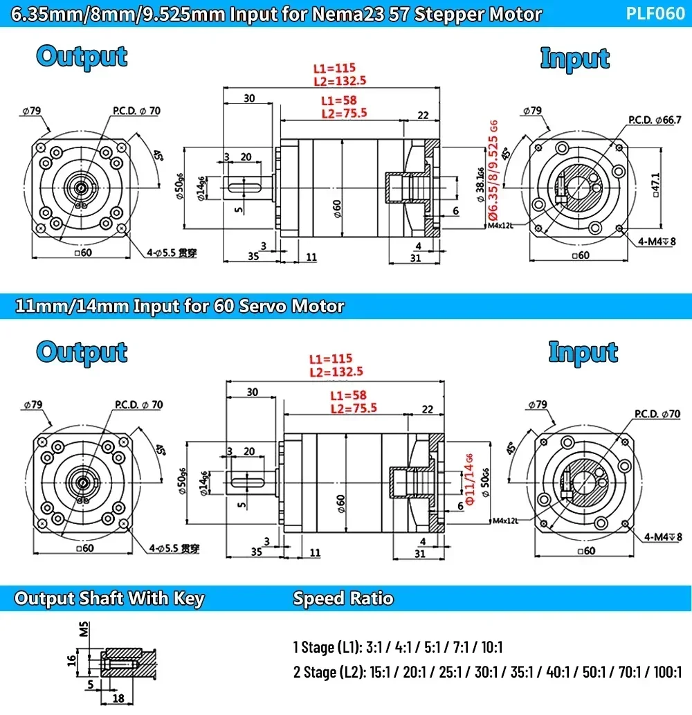 Nema23 Planetary Reducer Gearbox 6.35/8/9.525/11/14mm Input 14mm Output Ratio 4:1-100:1 for 200W 400W Servo Motor