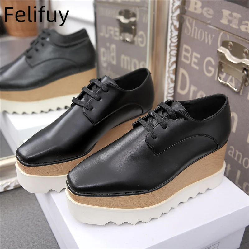 Sapatilhas de couro real para mulheres, fundo grosso, cunhas impermeáveis, mocassins femininos, dedo do pé quadrado, plataforma aumentada, sapato casual, moda