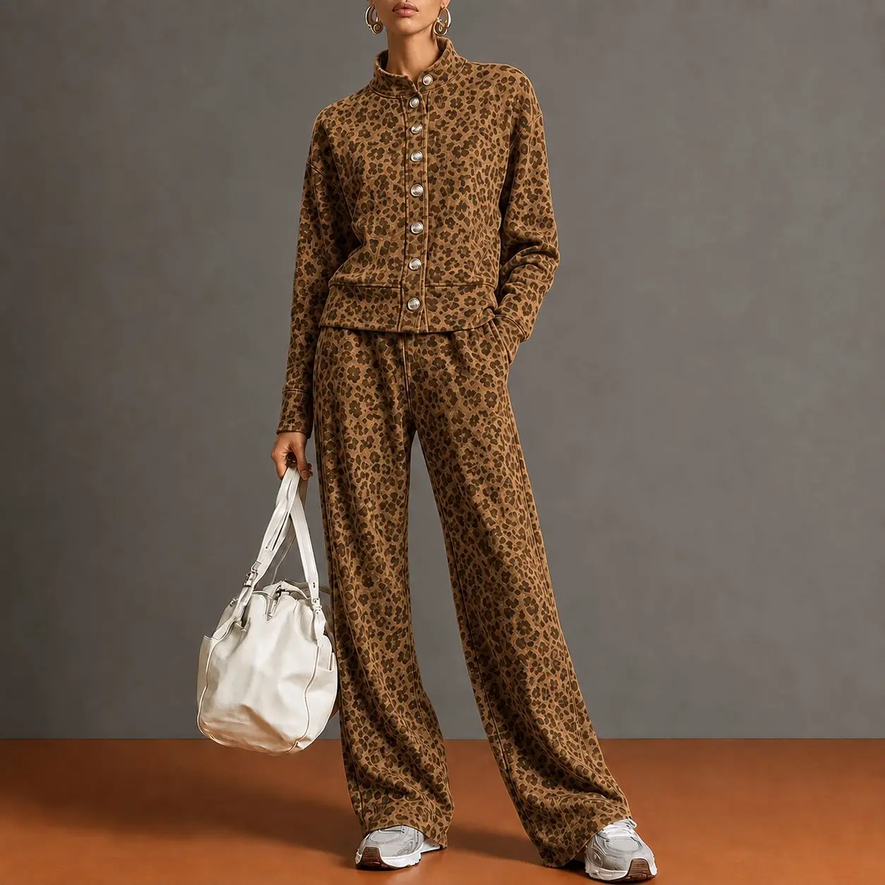 Women 2 Piece Set Fashion Leopard Print Stand Collar Single-breasted Jacket High Waist Wide Leg Pants Elegant Office Lady Set