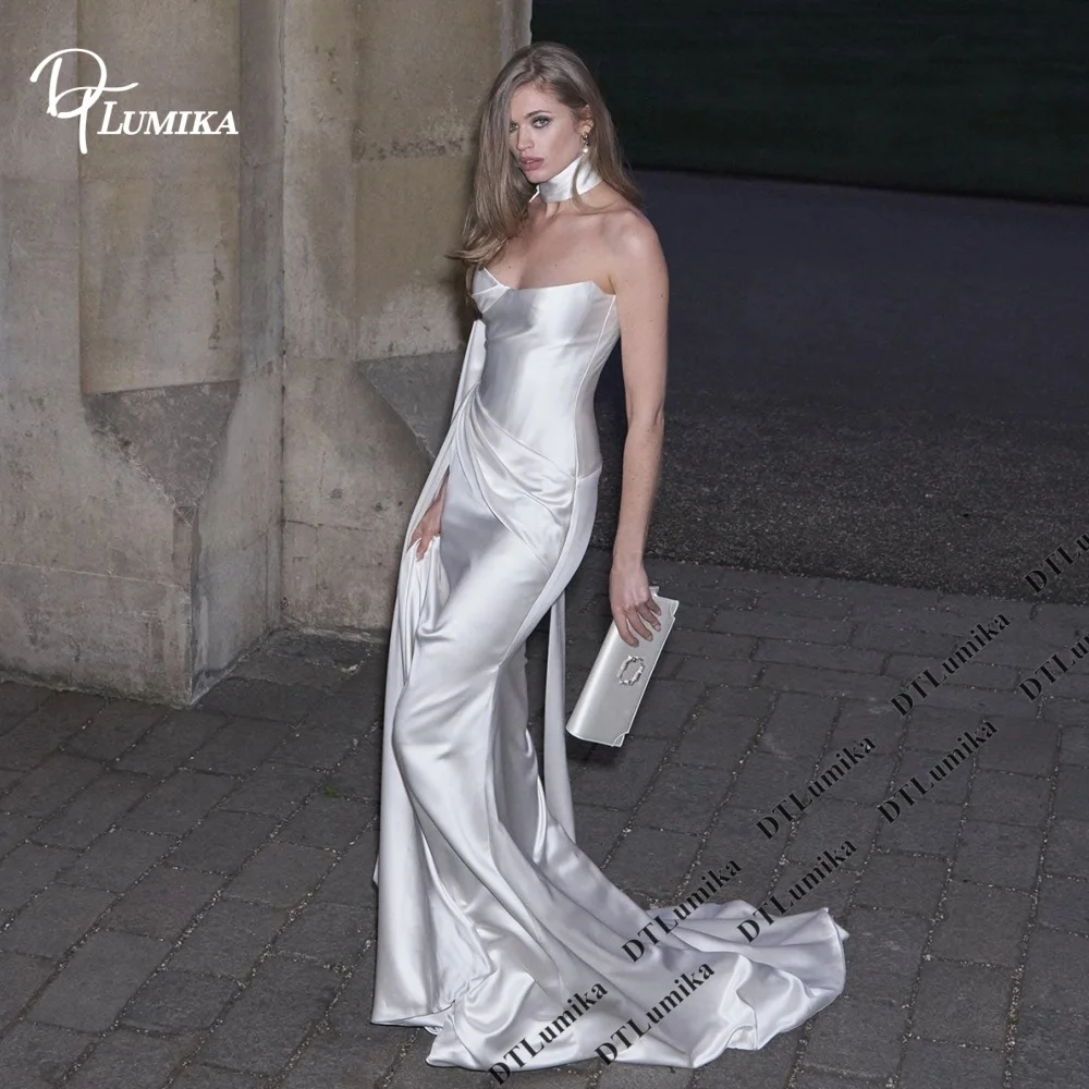 Scarf Neck Satin Mermaid Wedding Dress with Draped Train Sexy Slim Fit Bridal Gown with Choker Detail for Modern City Wedding
