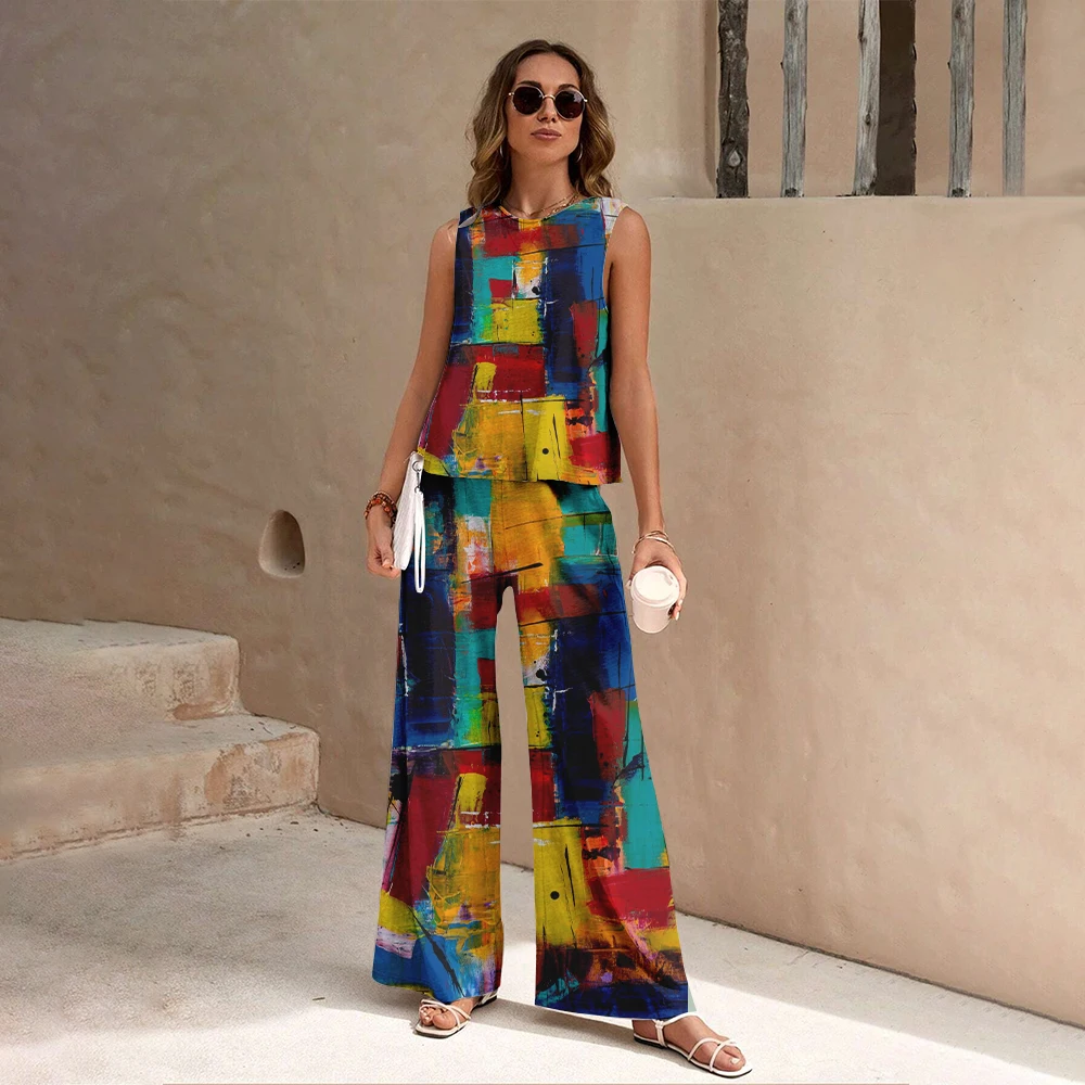 Harajuku Colorful Floral Pattern Print 2 Piece Womens Elegant O Neck Pullover And Straight Leg Pants Set Spring Summer Beach Set
