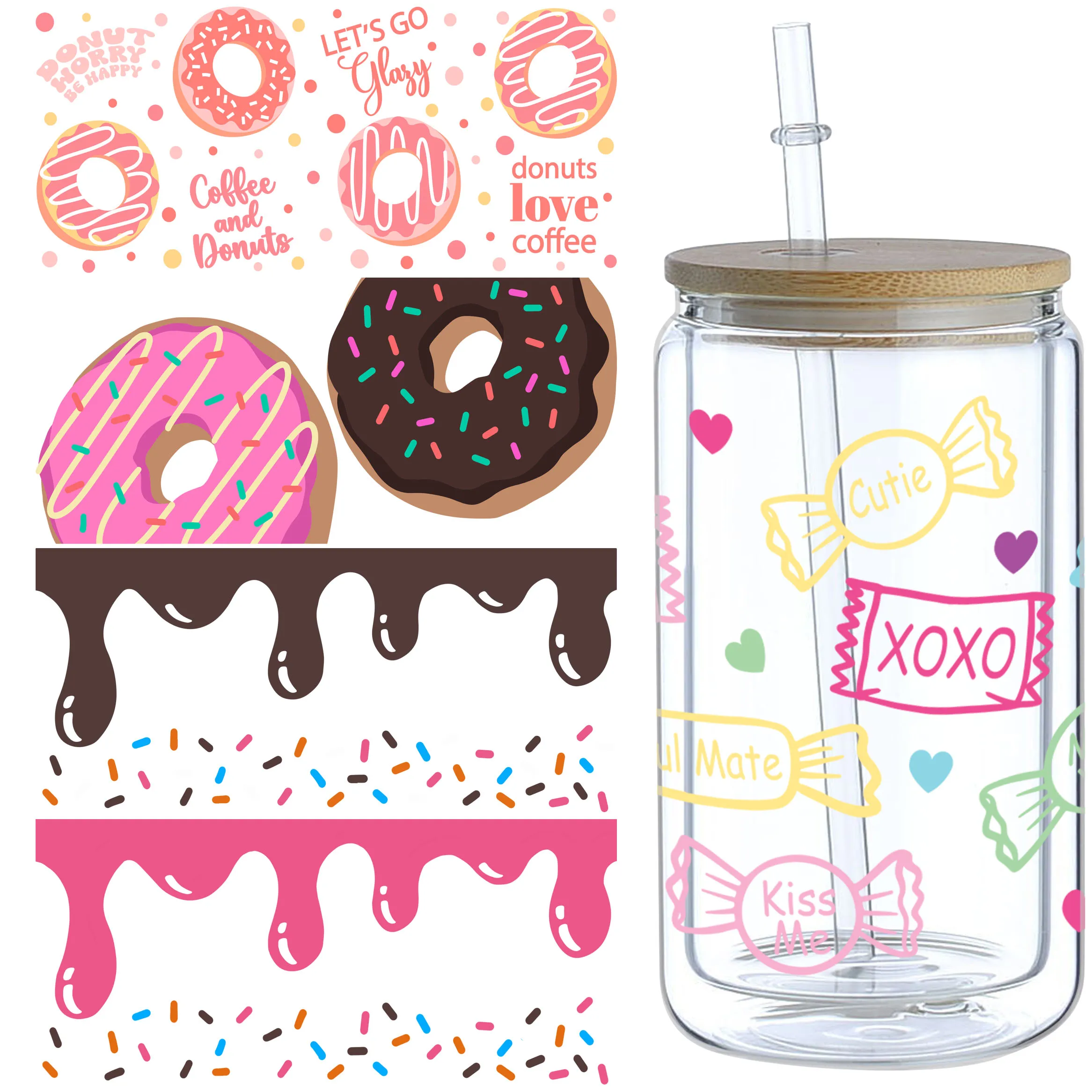 5 Blatt Donut UV Dtf Tasse Aufkleber, Glas Bewegung Dtf Transfer Aufkleber wasserdicht Wipe-On Transfer papier für 16 Unzen Glas, Becher,