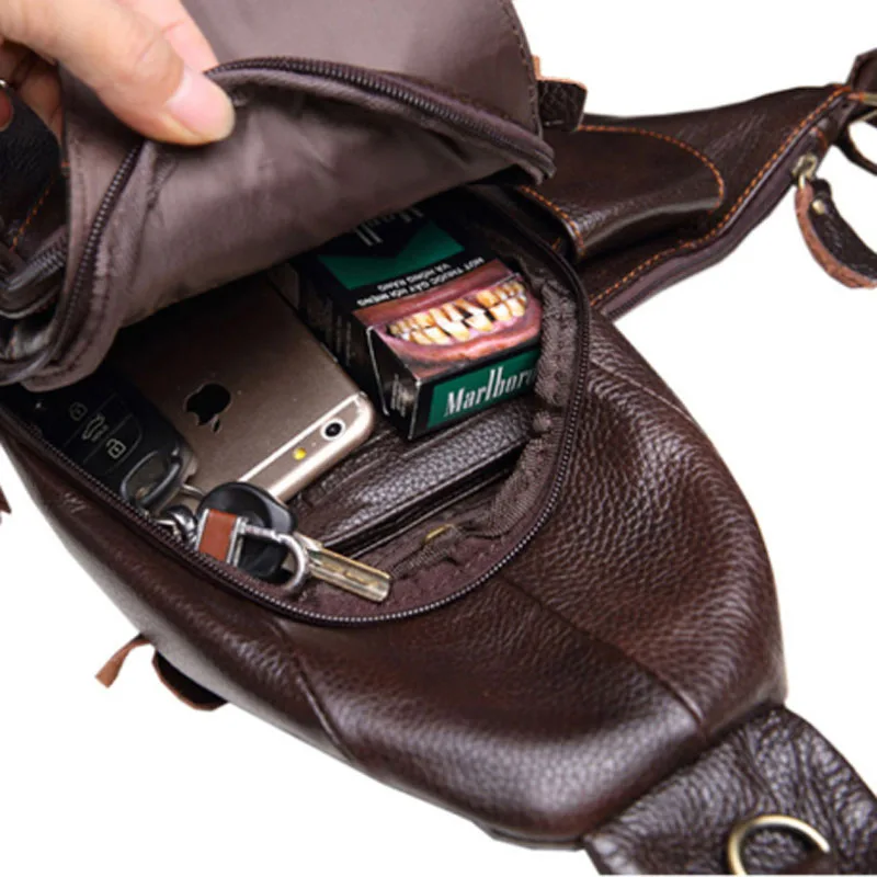 Men Sling Bag Genuine leather Cowhide Travel Retro famous brand Studded Messenger Shoulder Sling Day Pack Chest  Bag