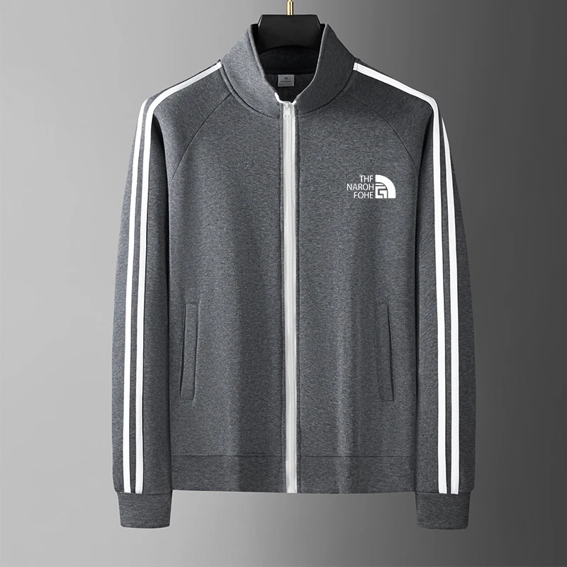 Herren Freizeit-Sportjacke Stehkragen Vollreißverschluss 3 Weiße Streifen Buchstabengrafik-Druck Langarm Sportbekleidung Männlich Training Alltag – Detail 2