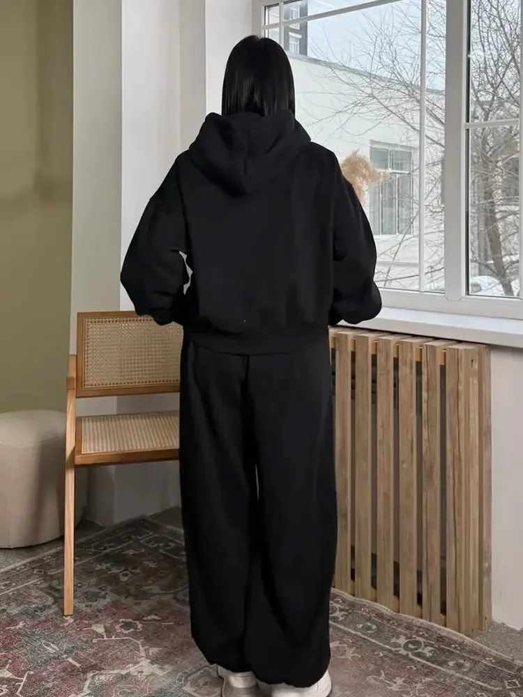 المرأة عارضة سستة عرق Conjuntos الكورية الأزياء الفضفاضة مقنعين فرقة فضفاضة مرونة مستقيم السراويل الرياضية 2 قطعة مجموعة #6