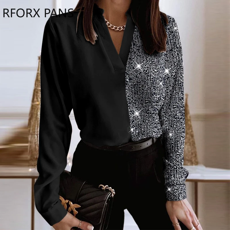 Women Chic Rhinestone Patchwork V Neck Long Sleeve Casual Blouses Tops