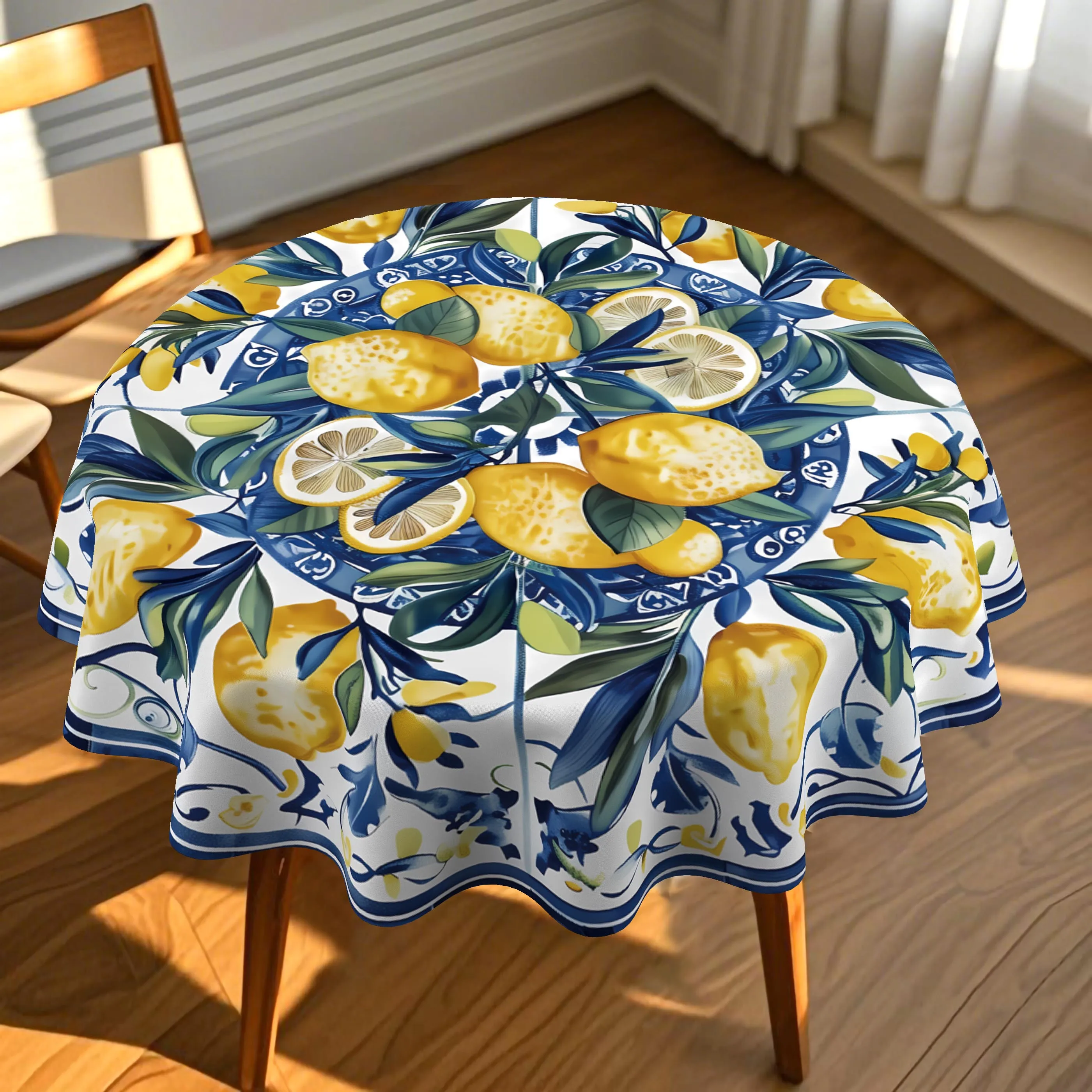One Amalfi lemon round tablecloth, featuring 2D flat printing -