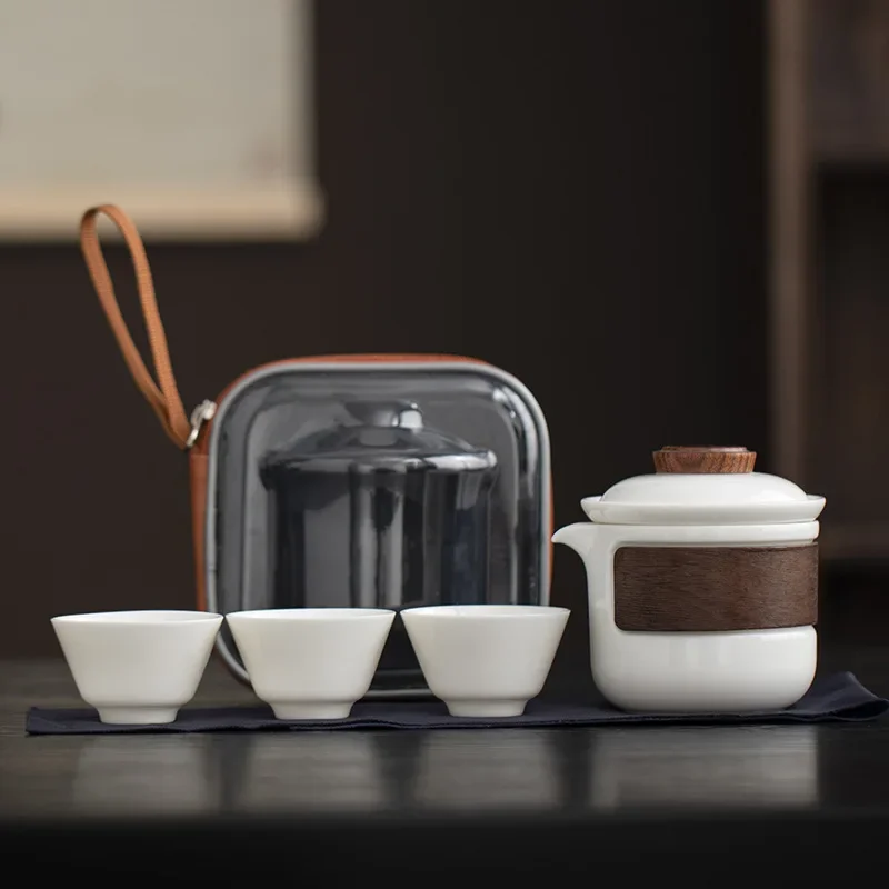 White Jade Porcelain Tea Set with One Pot and Three Cups, Heat-Resistant Ceramic Outdoor Portable Travel Tea Set