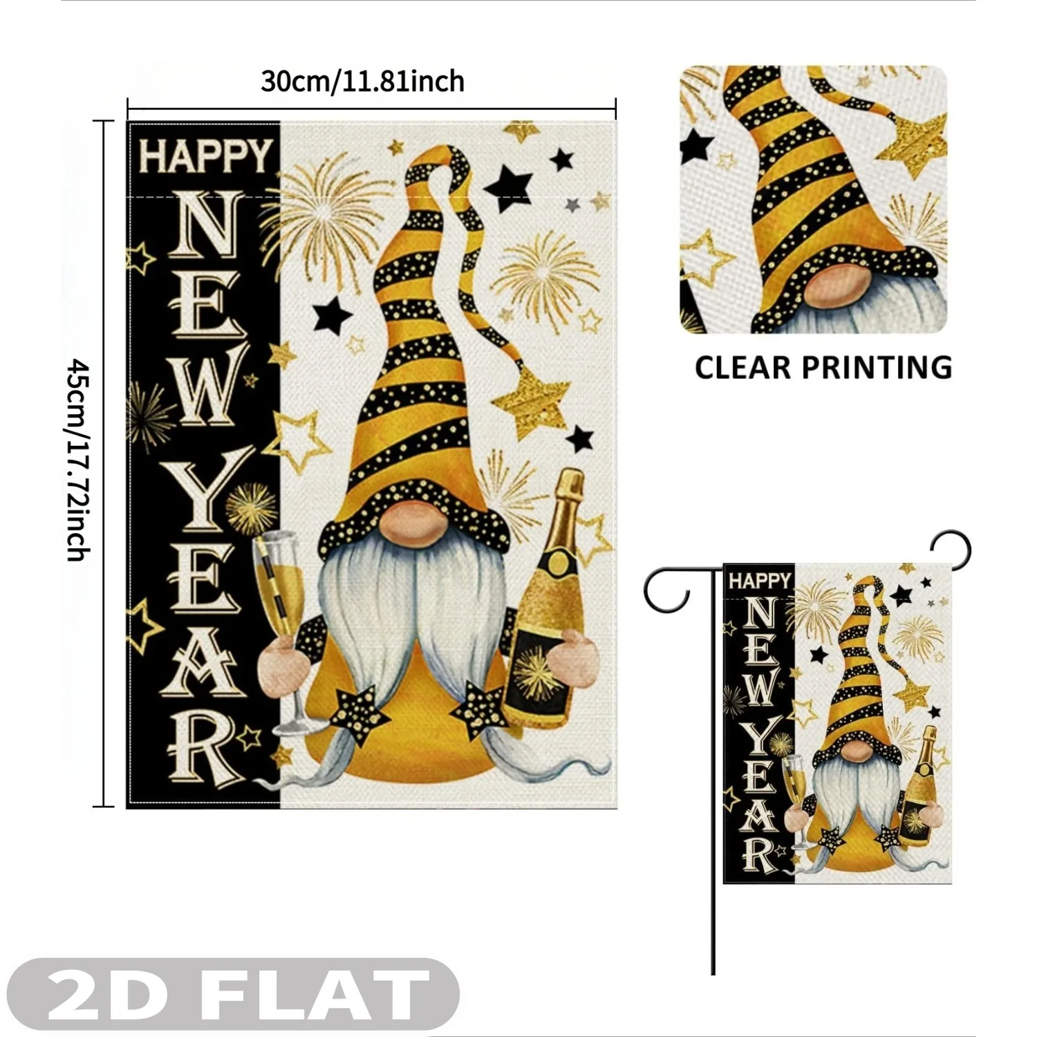 1 قطعة سنة جديدة سعيدة 2026 جنوم حديقة الزخرفية العلم ، البوليستر دائم 12x18 بوصة/28x40 بوصة الذهبي ستار عطلة حفلة في الهواء الطلق #2