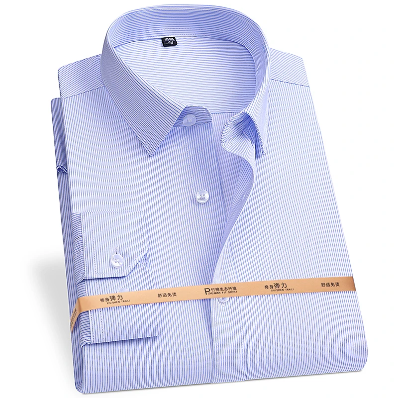 8XL Breathable Bamboo Fiber Men's Shirt Casual Long Sleeve Button Down Shirt Slim Fit Office Blue White Shirts Men Long Sleeve