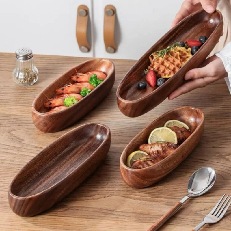 Solid wood bowl walnut boat bowl creative wooden salad fruit retro storage photo props ins bowl