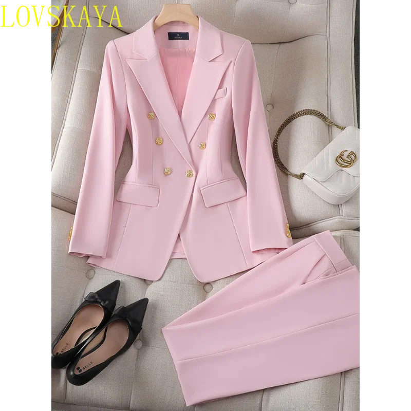 

2024New in Women Pant Suit Set Pink White Red Elegant Formal Ladies Jacket and Trouser Business Office Work 2 Piece Blazer Set