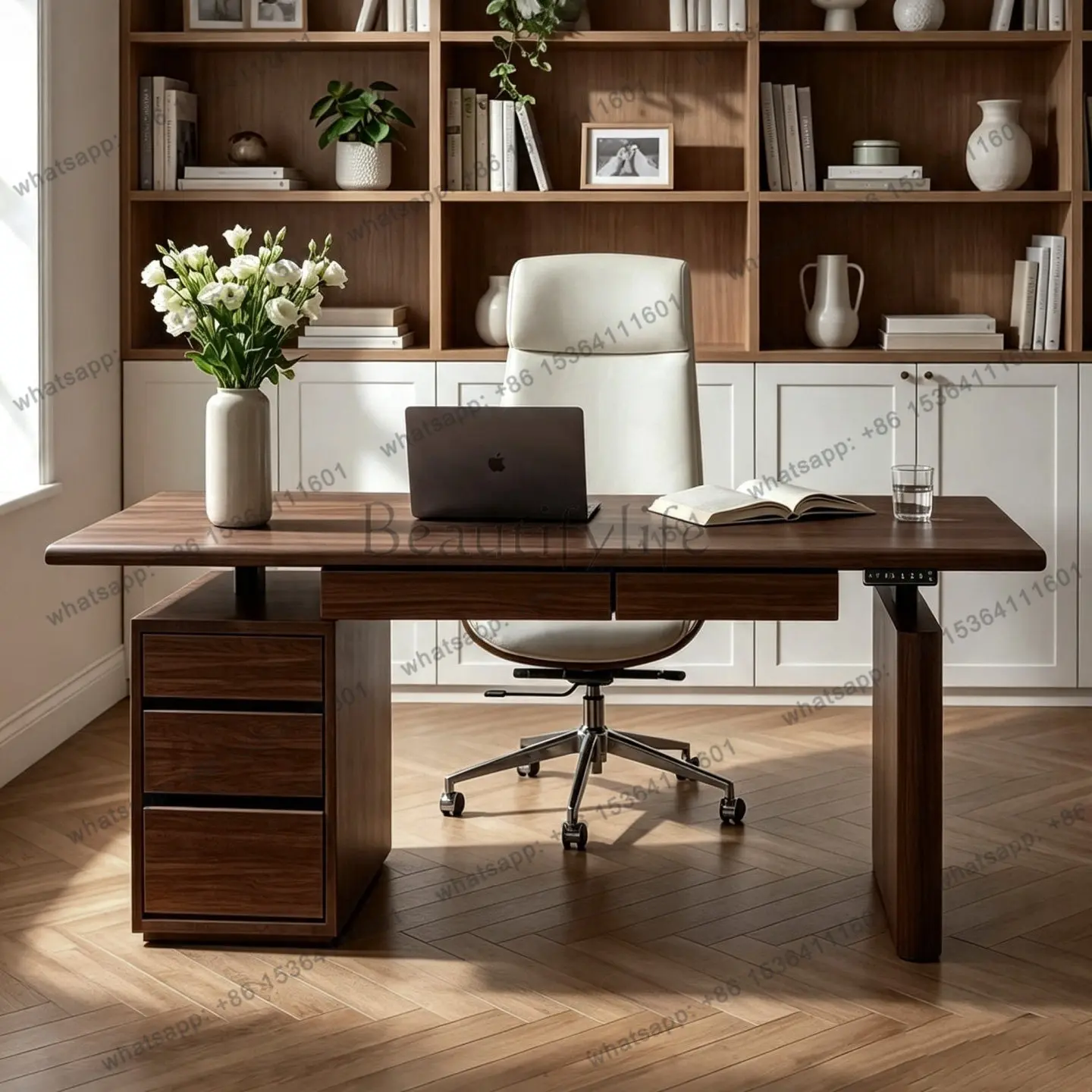 PG electric lifting solid wood desk smoky color antique home learning computer desk office storage e-sports workbench