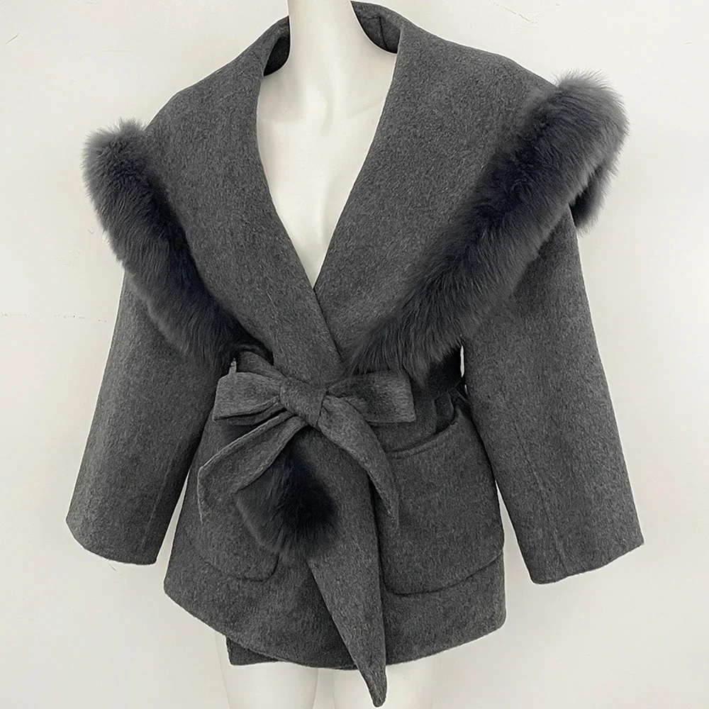 OFTBUY Neue Luxus-Winterkleidung für Damen, Naturpelz, 100% Wollmantel, großer Echtfuchspelzkragen, Gürteljacke für Damen – Detail 11