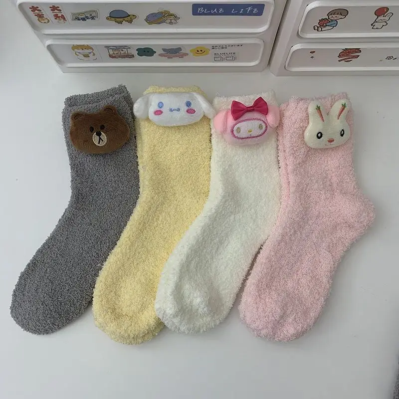 

Sanrio Plush Cartoon Character Warm Coral Fleece Socks My Melody Cinnamon Roll Plush Doll Versatile Home Floor Sleeping Socks