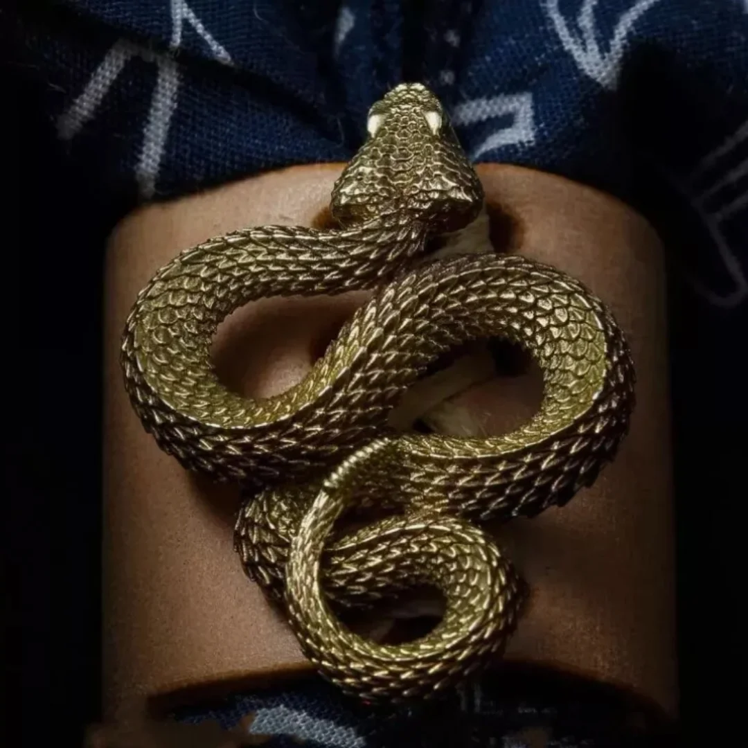 Snake Shaped Copper Rattlesnake Emblem, Small Snake Decorative Accessory Statue