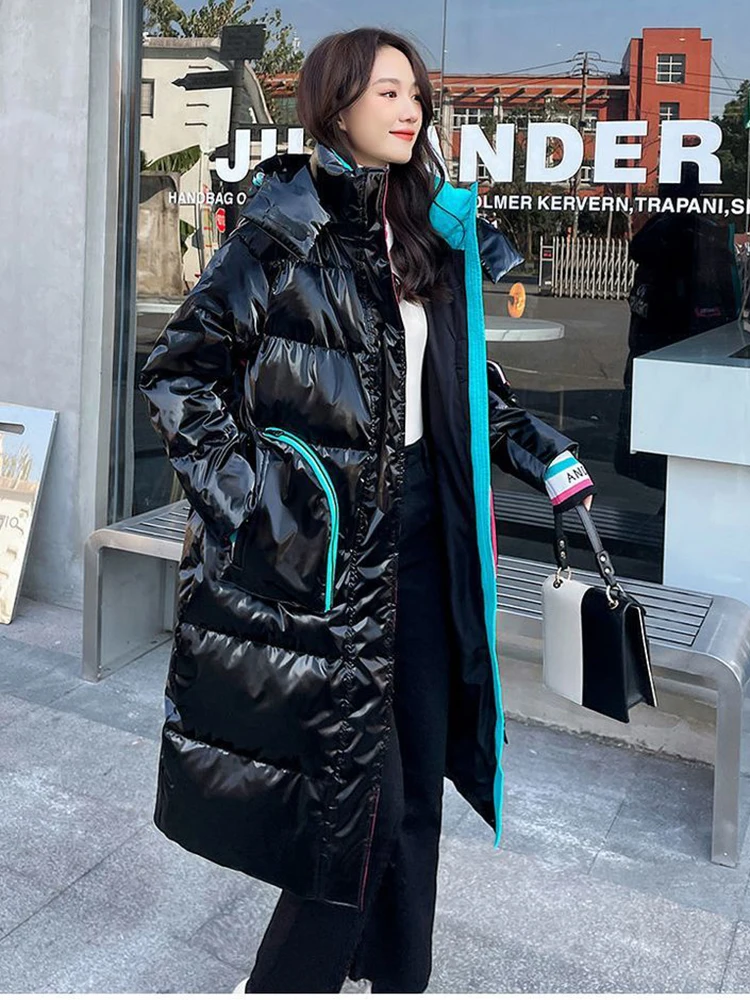 KBAT-Parka brillante à capuche pour femme, manteau de neige épais, veste longue adt, coupe-vent, imperméable, vêtements d\'extérieur chauds, mode