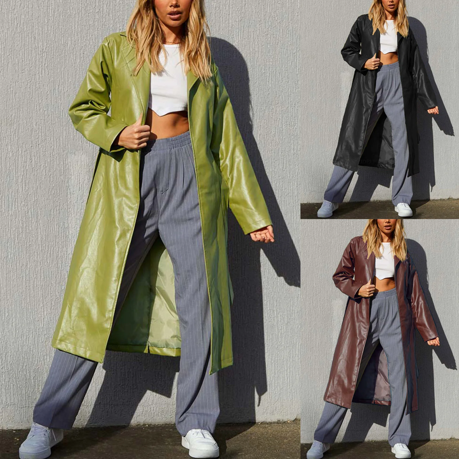 

Fashion Long Trench Coat for Women Retro Autumn New Thin PU Leather Jacket Loose Solid Leather Trench Coat Long Coat