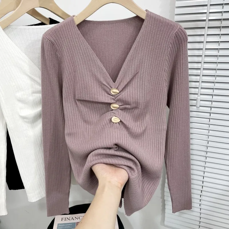 

Women's Knitted Long Sleeve V-Neck Base Shirt Brand Tagless Design Korean Style Commute Pure Color Regular Fit Button up