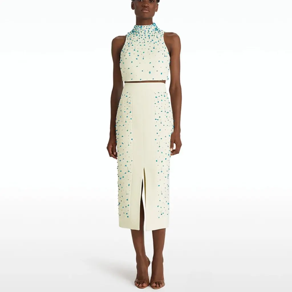 

European And American Star Fashion Beaded Vest Top And Split Skirt Two-Piece Set Heavy Industry Theme New