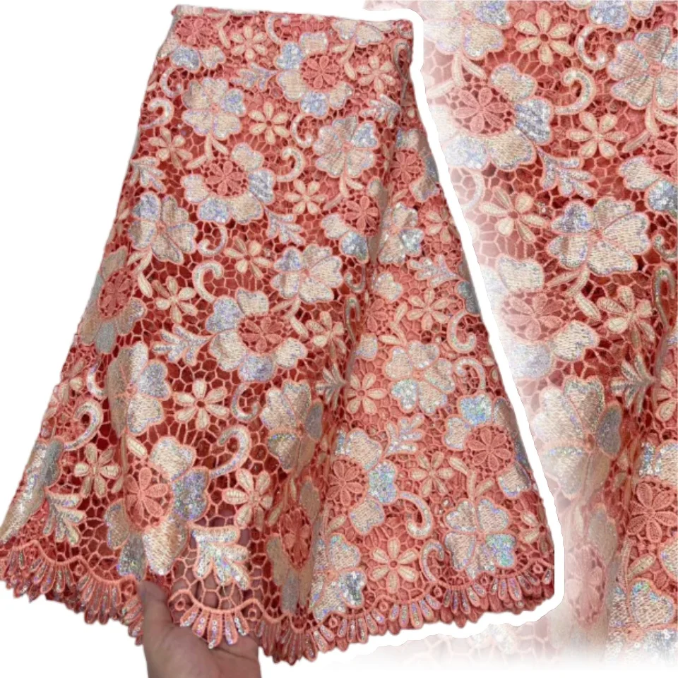 

5 Yards Pink African Lace Fabric High Quality Guipure Cord Lace Wedding Dresses Nigerian Water Soluble Sequins Sewing CC1473