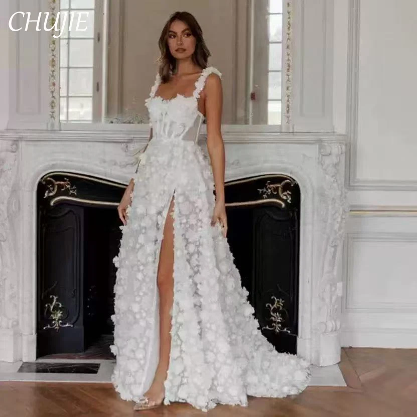 

White Flowes Wedding Dresses For Women Prom Dress Customized Floor Length A Line Embroidery Vestidos De Fiesta Bridal Gowns