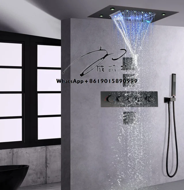 Oil Rubbed Bronze Thermostatic Rain Shower Faucet System 14 X 20 Inch LED Waterfall Rainfall Shower Head Bathroom Mixer Set