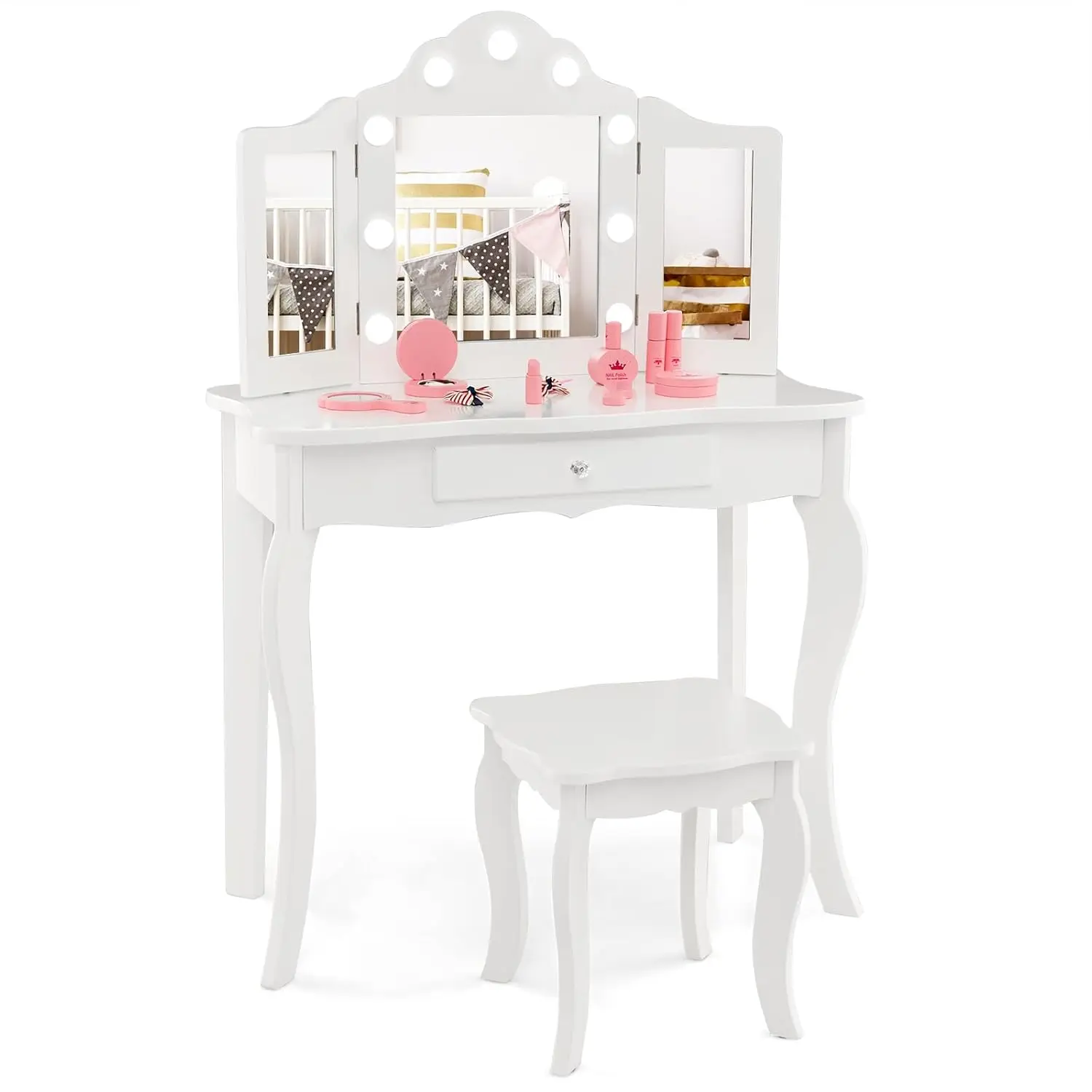 #Kids Vanity Set Lighted Mirror Wooden Dressing Table Tri-Fold Drawer Chair Pretend Play White