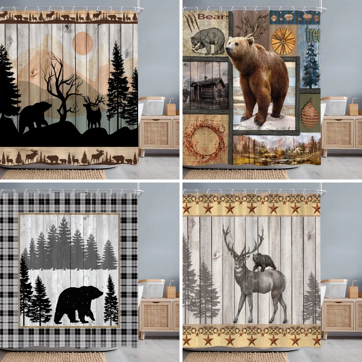 

Vintage Brown Bear Shower Curtain Rustic Wooden Panel Texas Star Black and White Check Jungle Fabric Bath Curtain Bathroom Decor