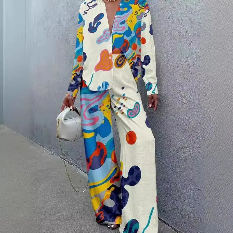 

Spring Autumn New In Print Pant Sets Women Fashion Long Sleeve Shirts Wide Leg Trousers Two Piece Sets Trendy Streetwear 2025
