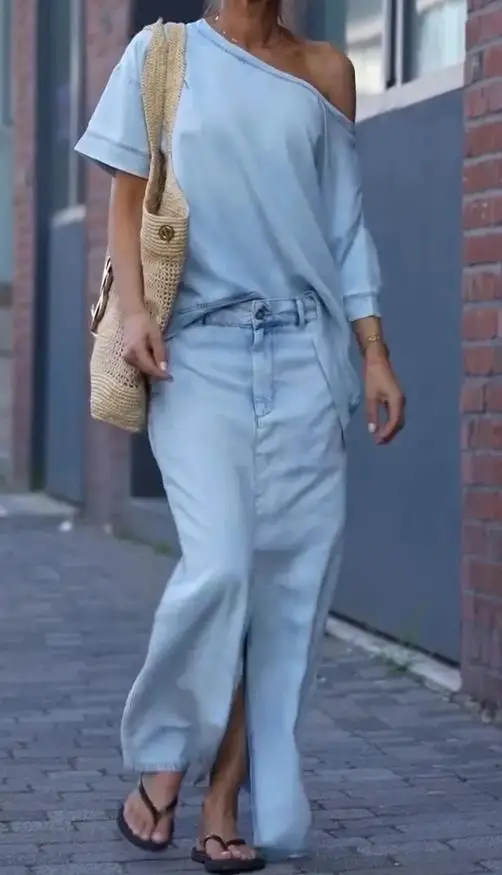 

Весенне-летний новый модный женский джинсовый топ и юбка с перекрестными плечами, женские комплекты из двух предметов, темпераментные повседневные юбки, наряды