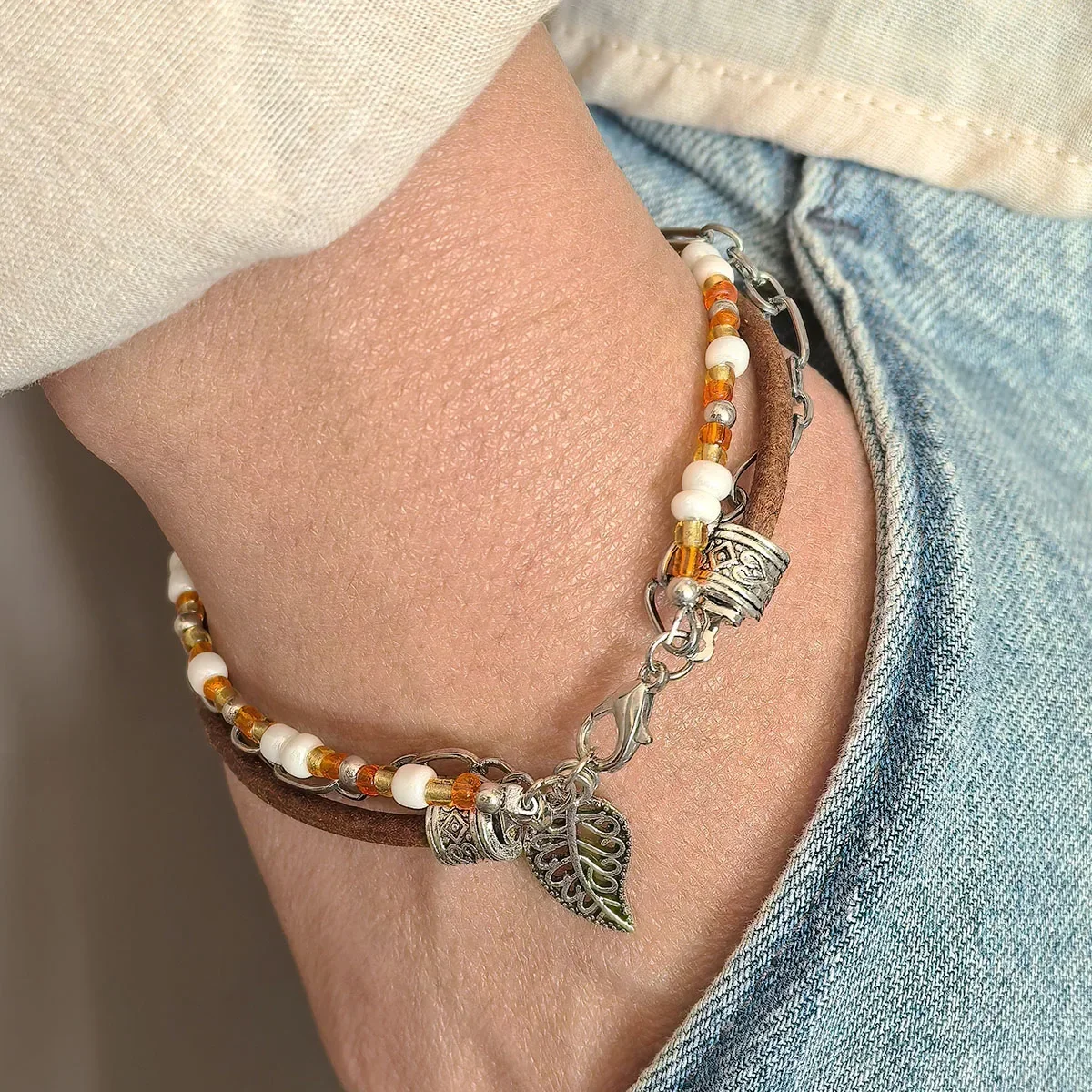 Beaded Wrap  Pink Beaded Boho Bracelet with Chain
