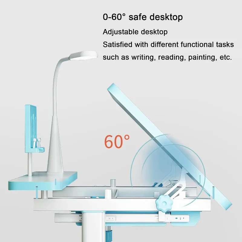 Study Table & Chair Set with Drwaer Height Adjustable Desk Can Be Tilted Eye Protection Lamp Book Shelf for Home School (Pink)