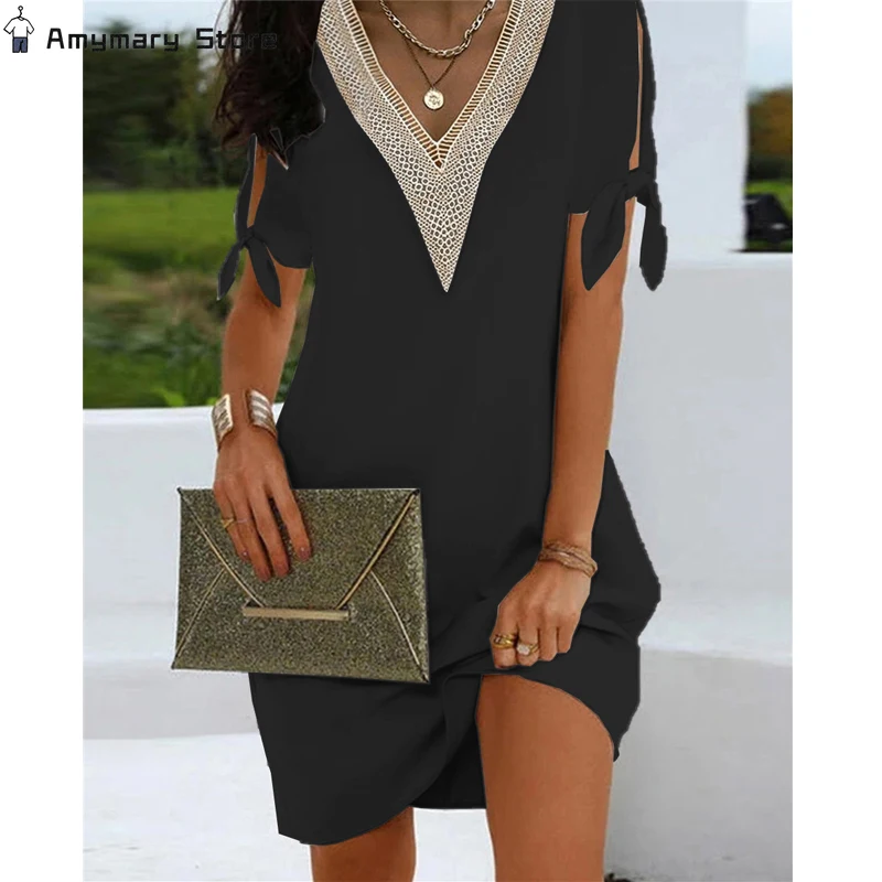 

New Summer V-neck Holiday Mini Dress Fashion Craft Cuff Split Bow Decoration Solid Color Casual Loose Dress Street Wear S-5XL