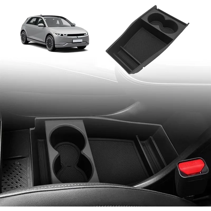 

for Ioniq5 Lower Center Console Organizer Cup Holder Tray Storage Box Accessories with Rubber Black Trim Compatible with Hyundai