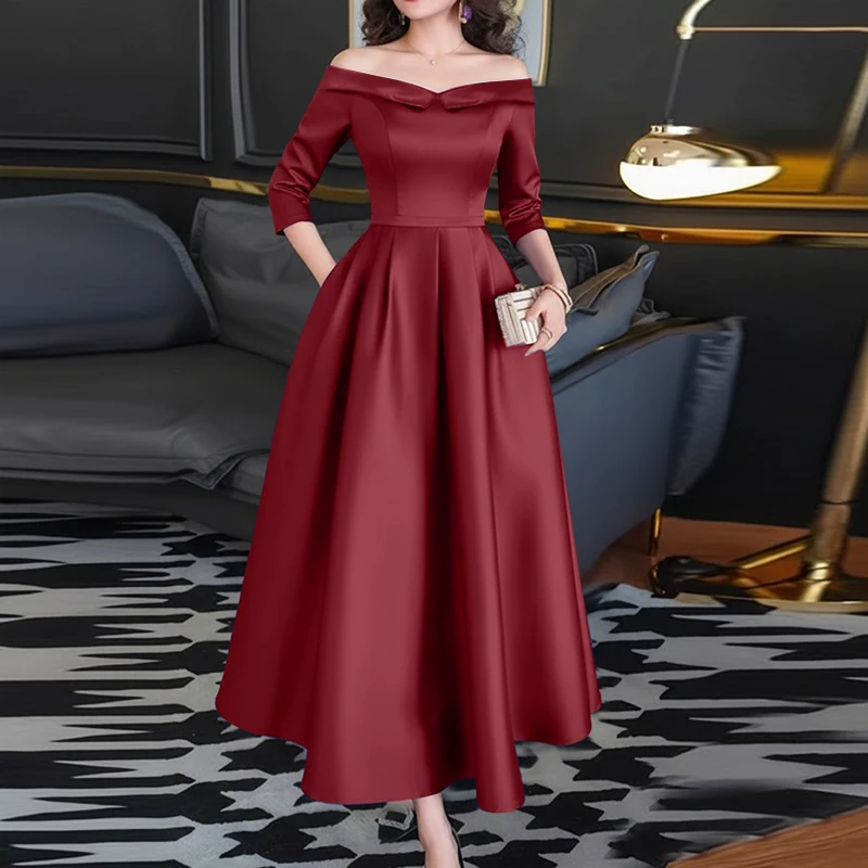 

ZANZEA Women's Elegant Off Shoulder Party Dress Satin Silk Princess Seam Fit and Flare Midi Dresses Sexy Evening Robes Femme
