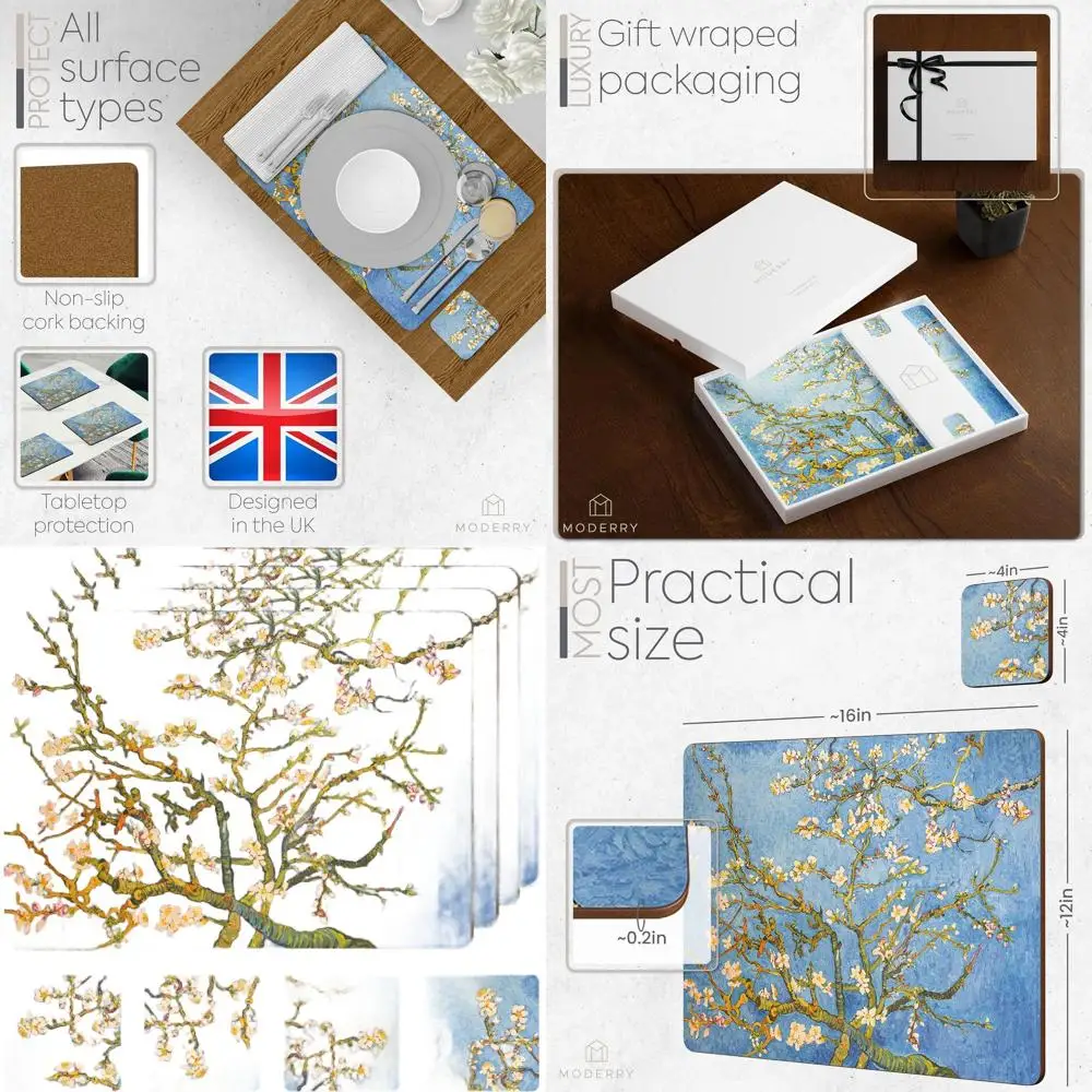 

Set of 4 Heatproof Cork Placemats with Almond Blossoms Design, 16x12 inches, Includes 4 Matching Drink Coasters